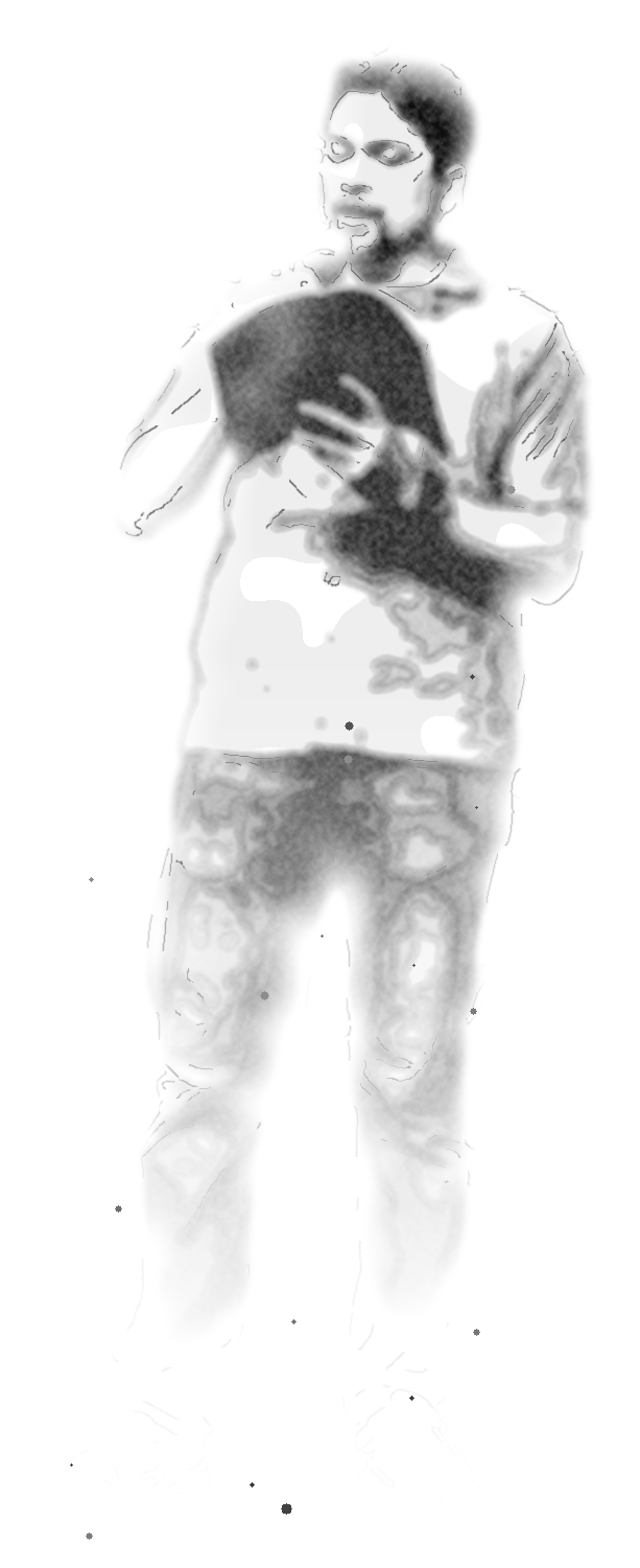 Ink-wash painting of Matt speaking on stage with a microphone